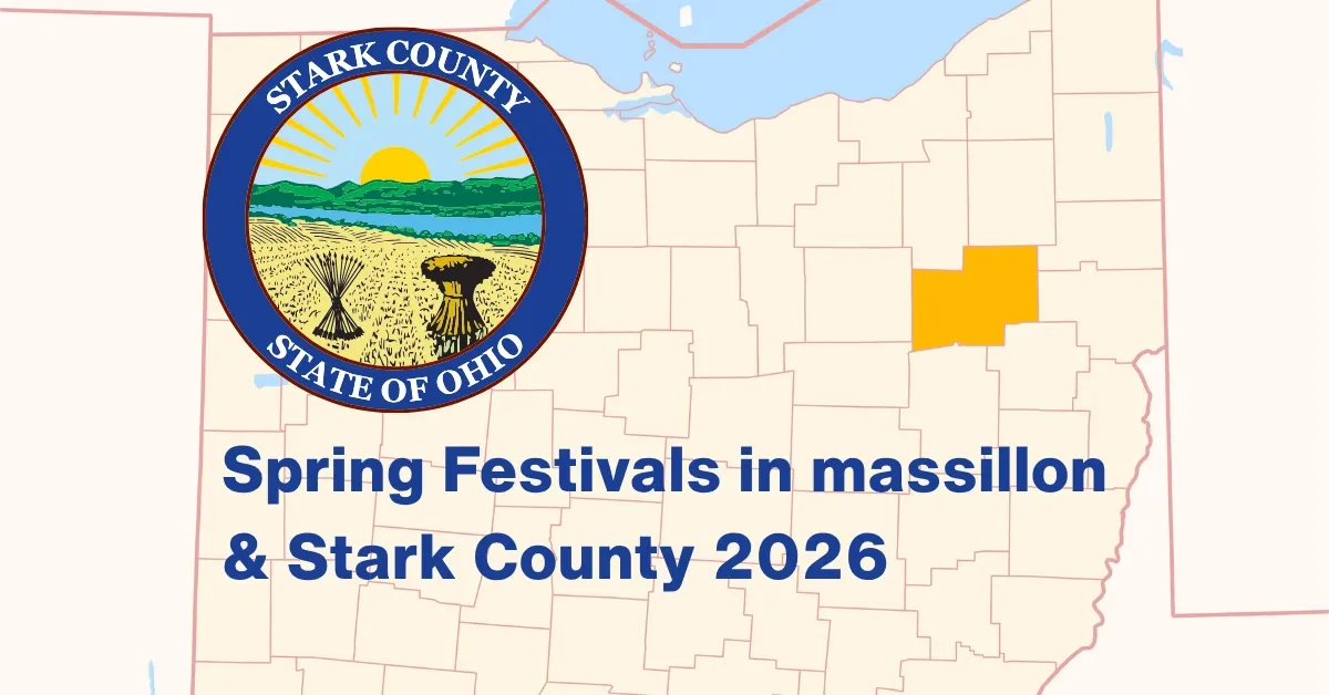 Stark County, Ohio seal over a state map highlighting Stark County, titled Spring Festivals in Massillon and Stark County 2026