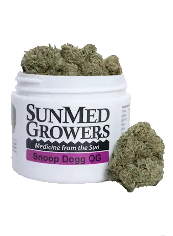 SunMed Growers Snoop Dogg OG cannabis flower in a white jar with buds spilling out