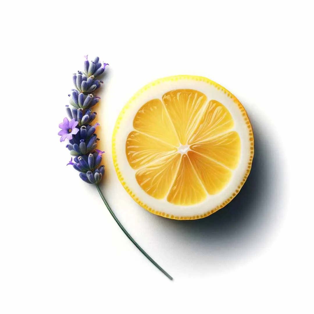 Halved lemon beside a sprig of lavender, sources of the terpenes limonene and linalool
