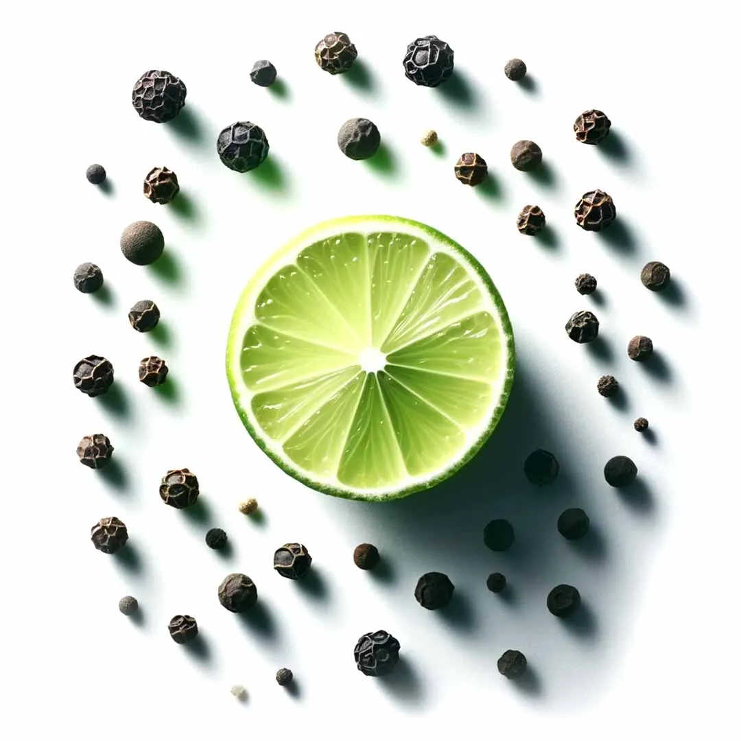 Halved lime surrounded by black peppercorns, sources of limonene and caryophyllene