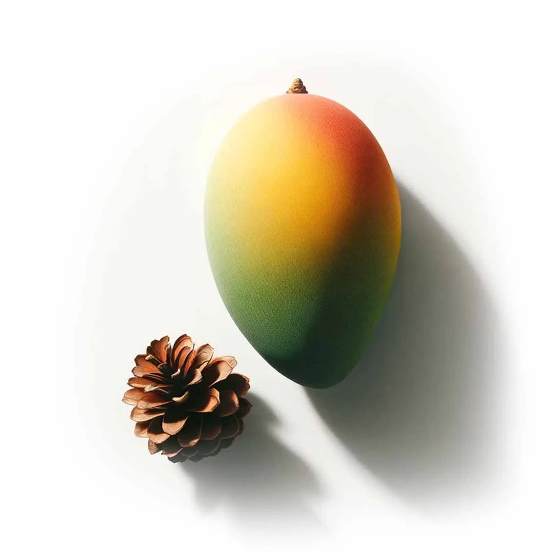 Ripe mango next to a pine cone, sources of the terpenes myrcene and pinene