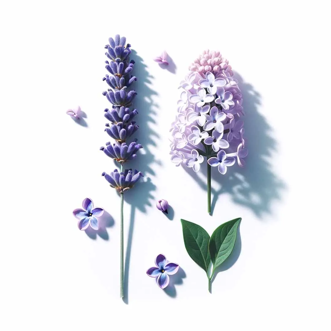 Sprig of lavender beside a lilac blossom and green leaves on a white background