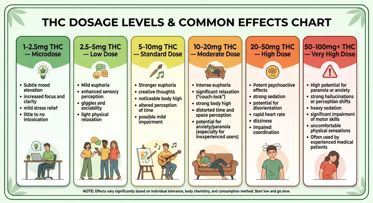 THC dosage chart showing edible dose levels from a 1–2.5mg microdose up to very high doses, with common effects at each level