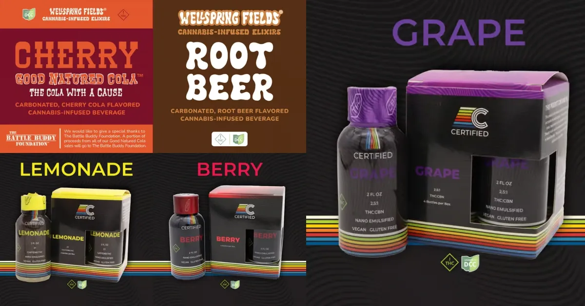 Collage of THC drinks sold in Ohio: Wellspring Fields Cherry Cola and Root Beer sodas alongside Certified Cultivators Lemonade, Berry and Grape drink bottles and boxes