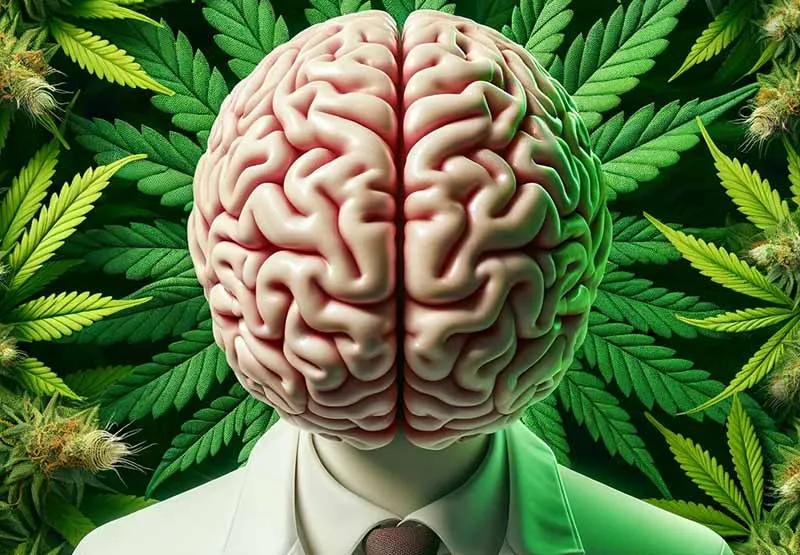 Illustration of a human brain in place of a head on a figure in a suit, set against cannabis leaves