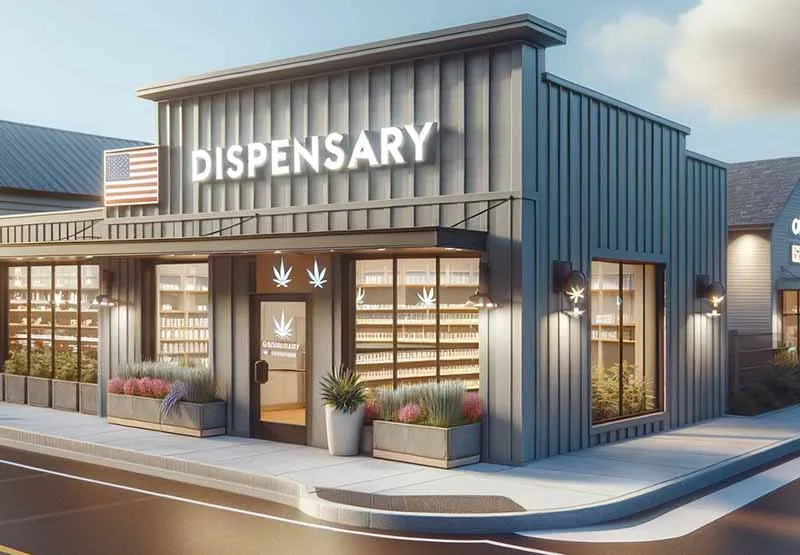 Exterior of a modern gray dispensary storefront with a DISPENSARY sign, large windows and planters
