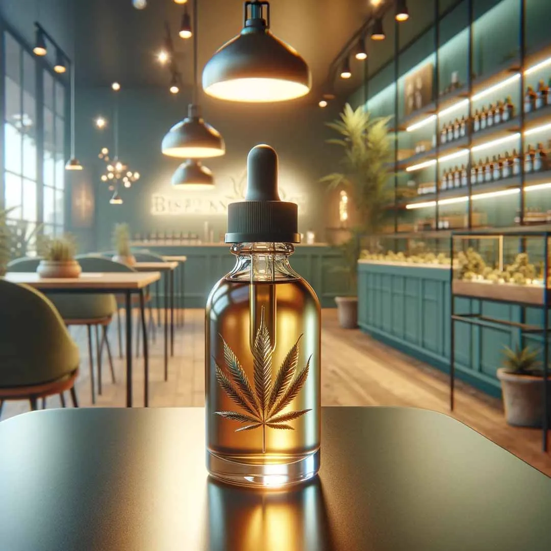 Glass dropper bottle of cannabis tincture with a leaf label on a table inside a modern dispensary