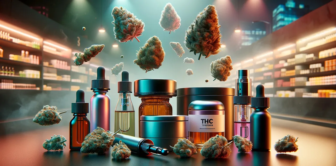 Display of cannabis tincture bottles, jars and dried flower buds on a dispensary counter