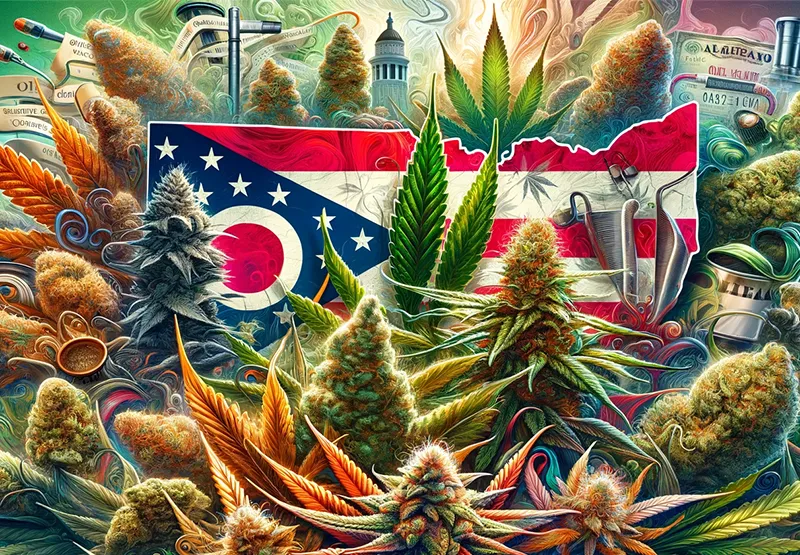 Colorful illustration of cannabis plants and buds surrounding the Ohio flag and Ohio landmarks