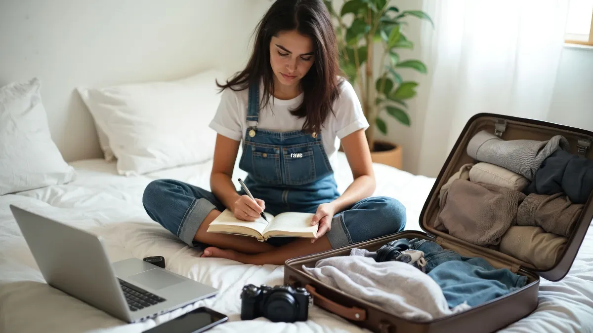 Woman sitting on a bed writing in a notebook beside an open, packed suitcase, laptop and camera while planning a summer trip