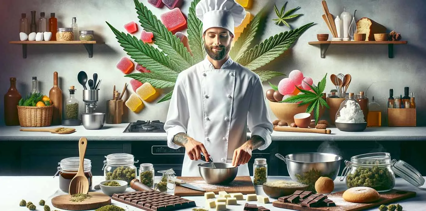 Chef preparing cannabis-infused chocolates and edibles in a kitchen decorated with cannabis leaves