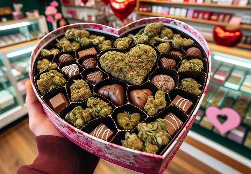 Hand holding a heart-shaped Valentine's box filled with chocolates and cannabis buds in a dispensary