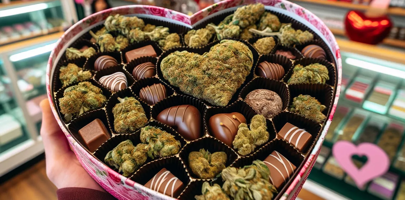 Heart-shaped Valentine’s box filled with chocolates and cannabis buds in a dispensary