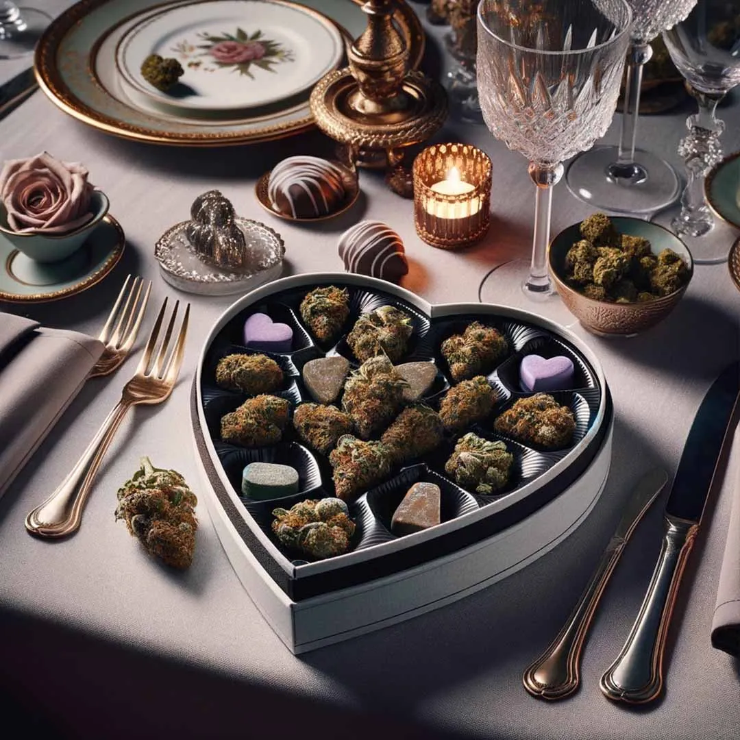 Heart-shaped box of chocolates and cannabis buds on a candlelit Valentine’s dinner table