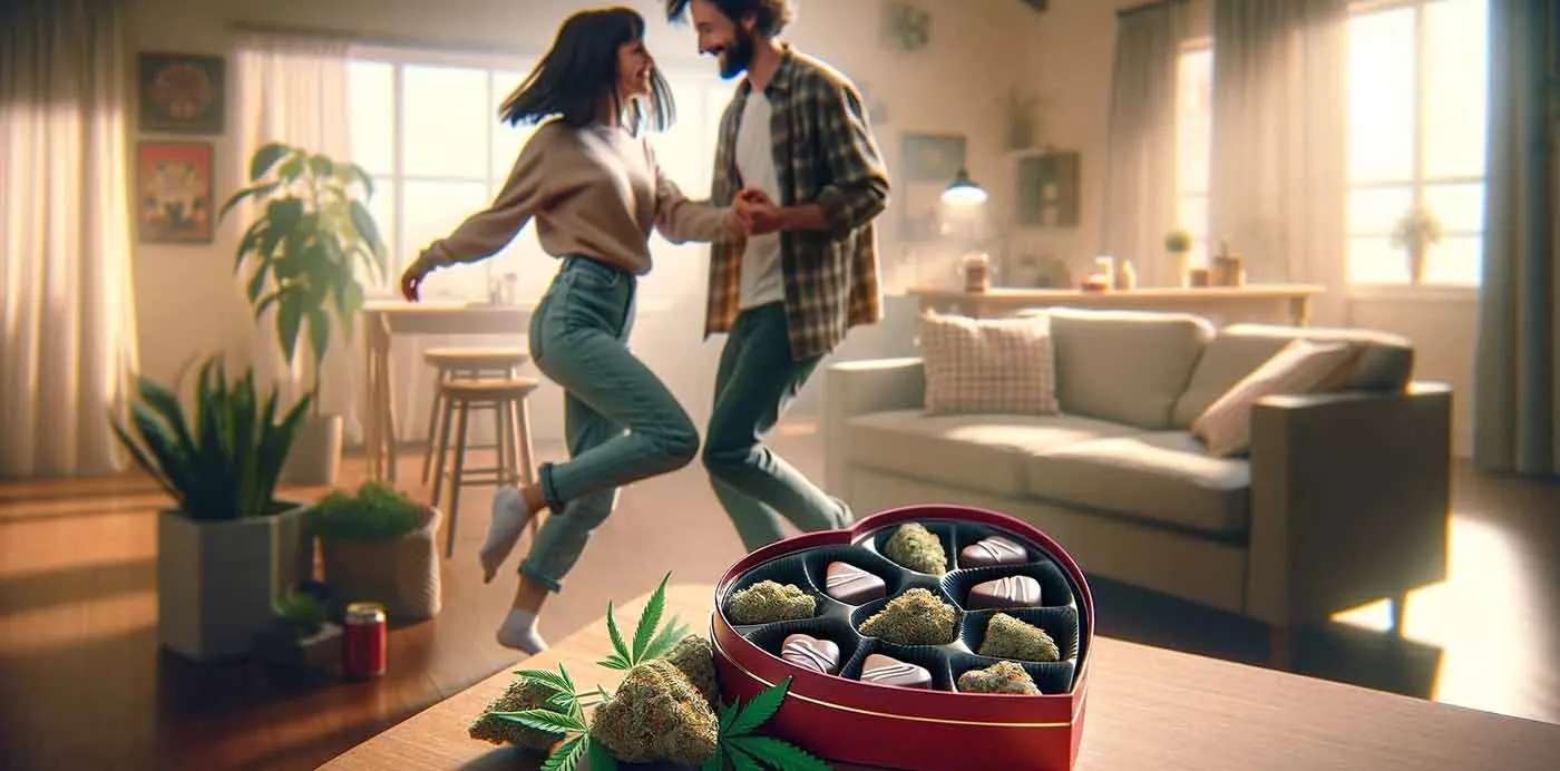 Couple dancing in a living room beside a heart-shaped box of chocolates and cannabis