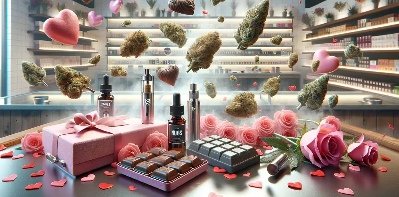 Valentine’s Day cannabis products including chocolate bars, tinctures, vape pens and flower among roses and hearts