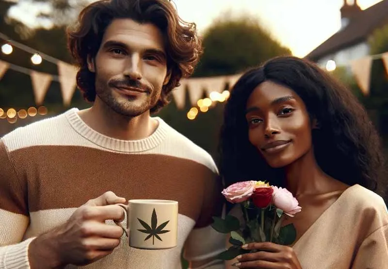 Couple outdoors at a Valentine's celebration, one holding a mug with a cannabis leaf and the other holding roses