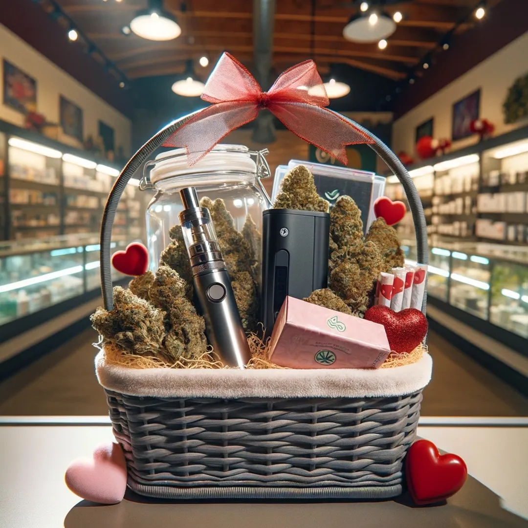 Valentine’s Day gift basket with cannabis flower, a vape pen, pre-rolls and hearts on a dispensary counter