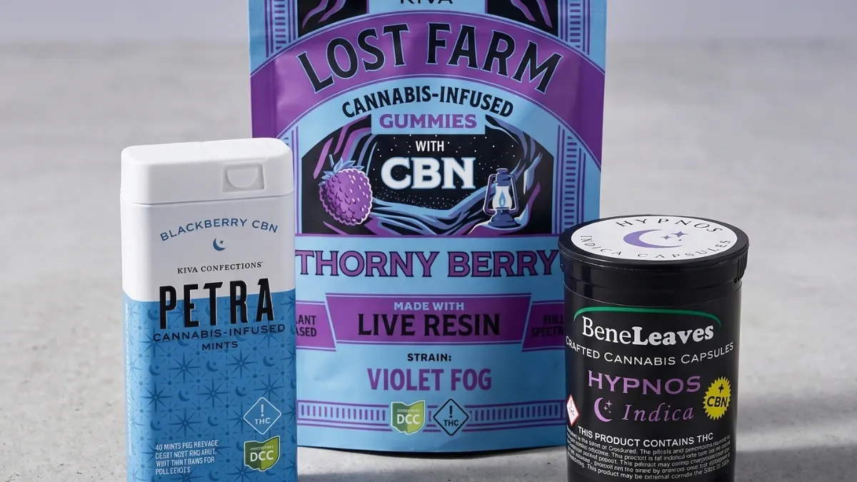 Lost Farm CBN gummies, Petra mints and Beneleaves capsules shown side by side