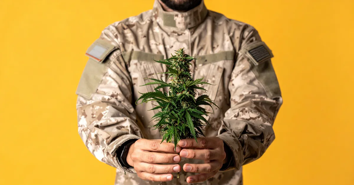 Person in a camouflage military uniform holding a small cannabis plant in both hands against a yellow background