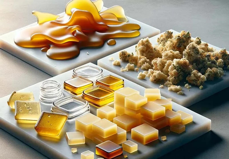 Golden shatter, amber wax pieces and crumbly crumble concentrate displayed on white marble boards