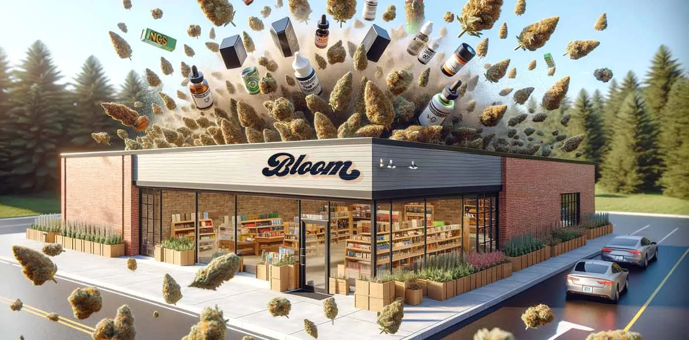 Illustration of a Bloom dispensary storefront with cannabis products floating above it