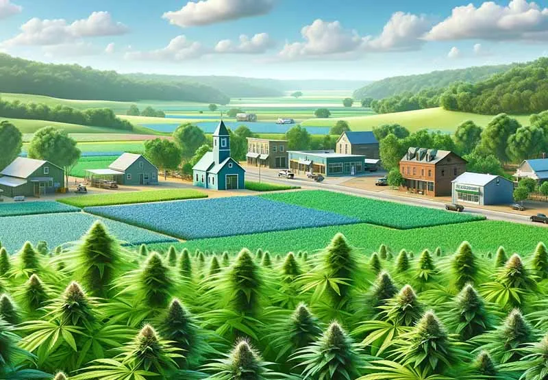 Illustration of a cannabis field in front of an Ohio farm town on a sunny day