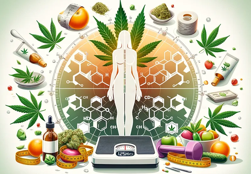 Illustration of a human silhouette over cannabinoid molecule diagrams, surrounded by cannabis leaves, fruit, vegetables, a tape measure and a bathroom scale