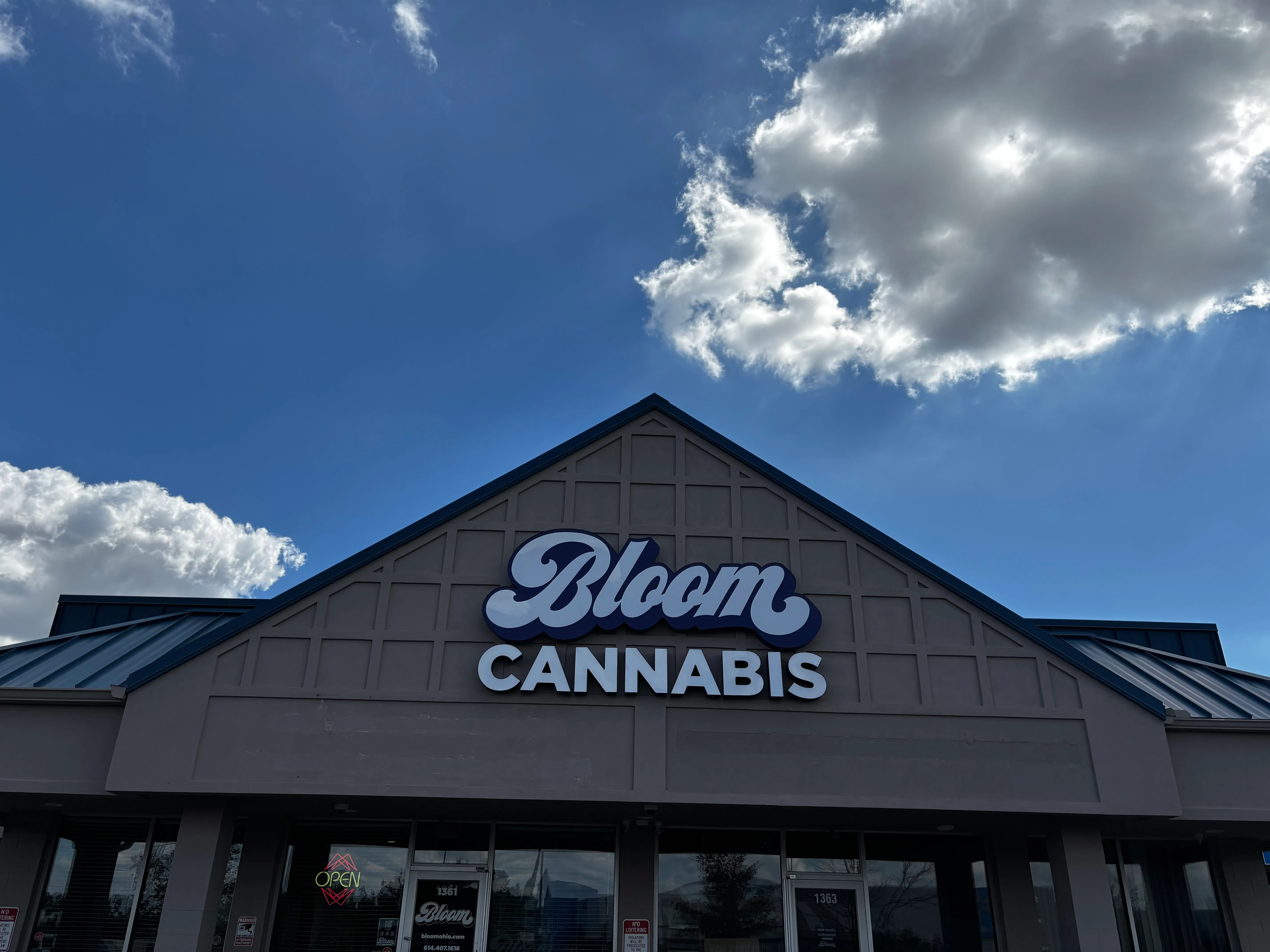 Bloom Cannabis sign on the front of the licensed West Columbus, Ohio dispensary
