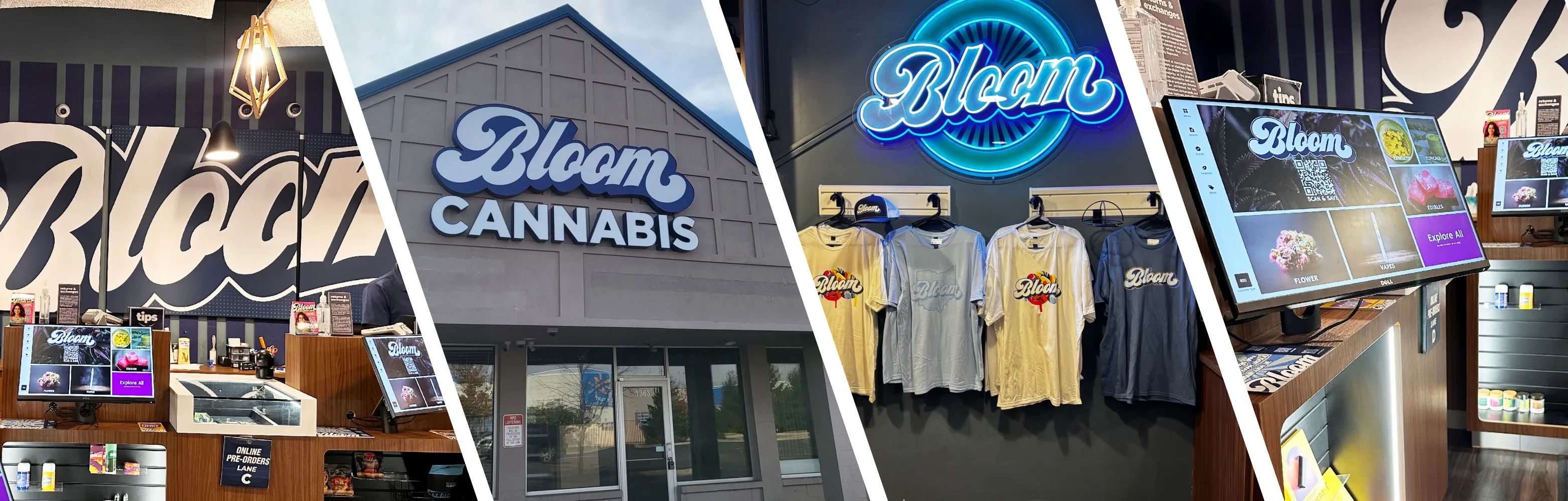 Collage of the Bloom West Columbus, Ohio dispensary showing the Bloom Cannabis storefront sign, Bloom apparel display and product shelves inside