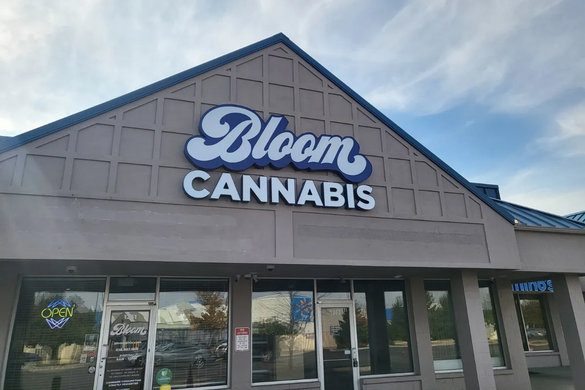 Bloom Cannabis sign above the storefront of the West Columbus, Ohio dispensary on Georgesville Rd