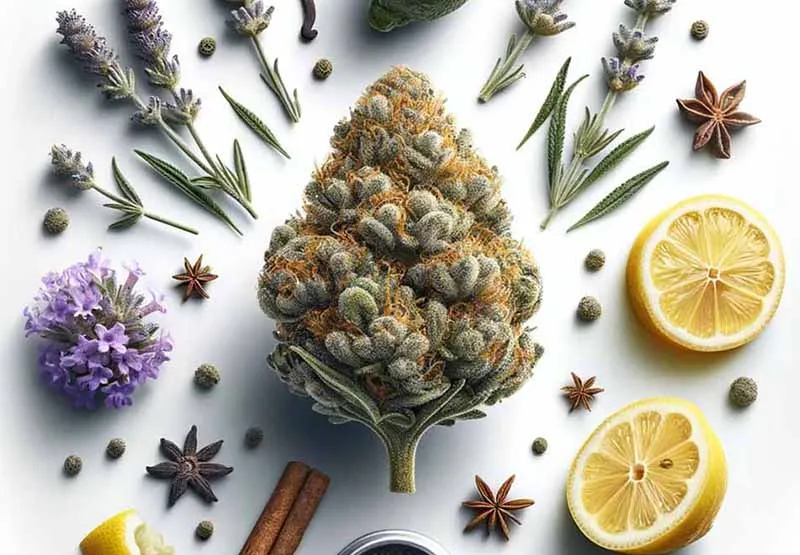 Cannabis bud surrounded by terpene sources including lavender, lemon slices, lime, star anise, cinnamon sticks and peppercorns