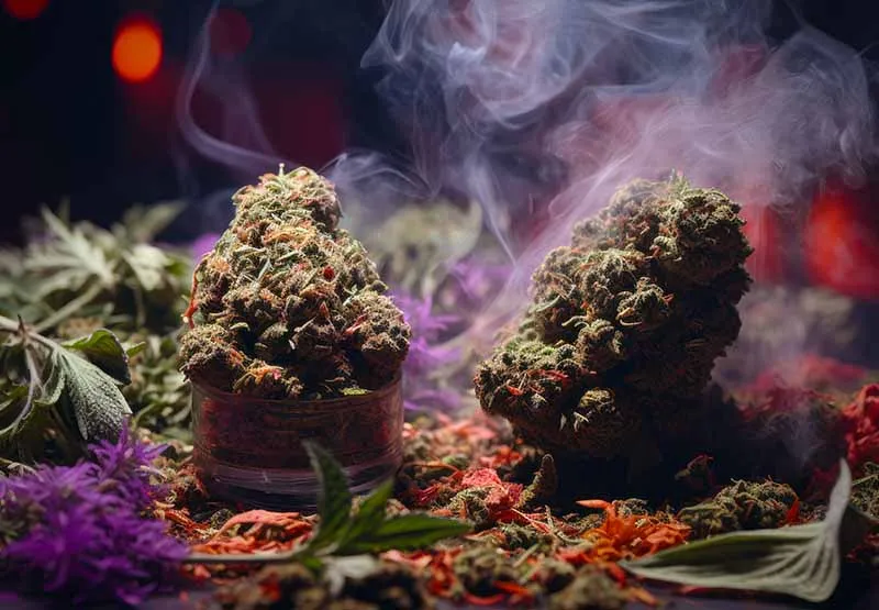 Two dense cannabis buds surrounded by purple flowers, dried petals and drifting smoke