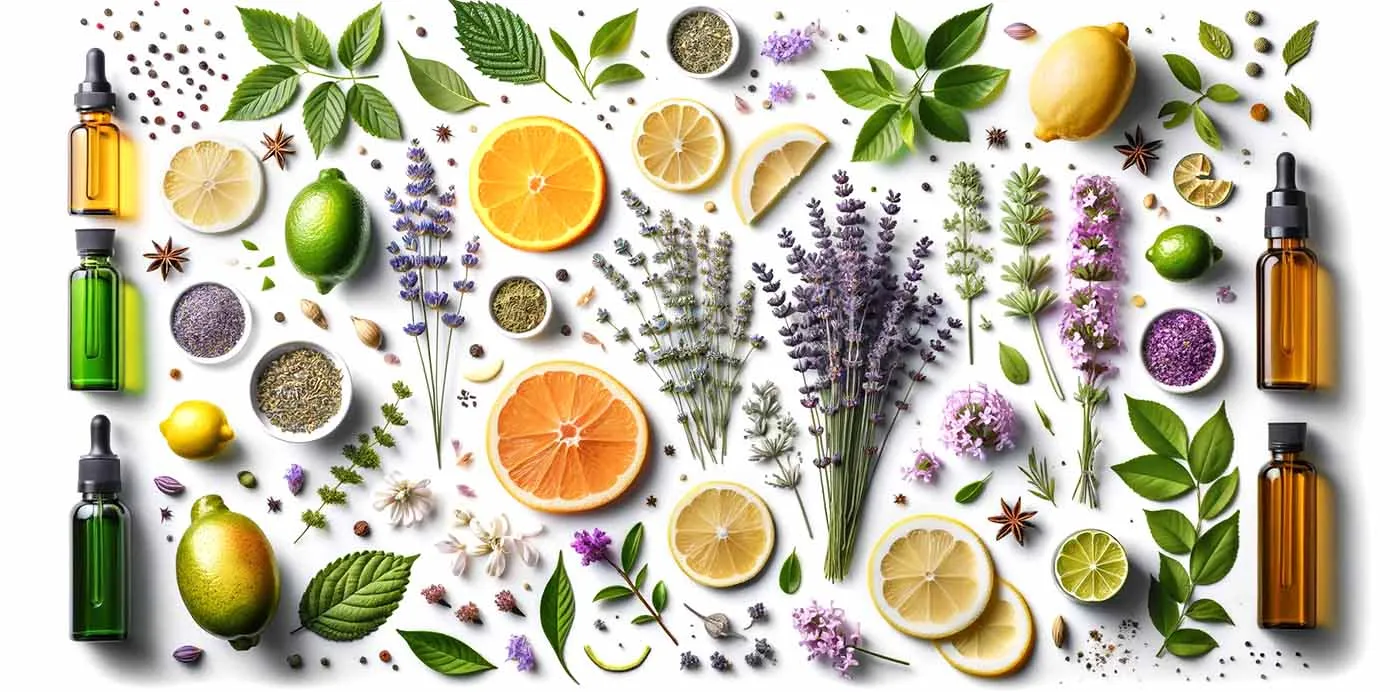 Flat lay of essential oil bottles, citrus slices, lavender, herbs and flowers that share terpenes with cannabis
