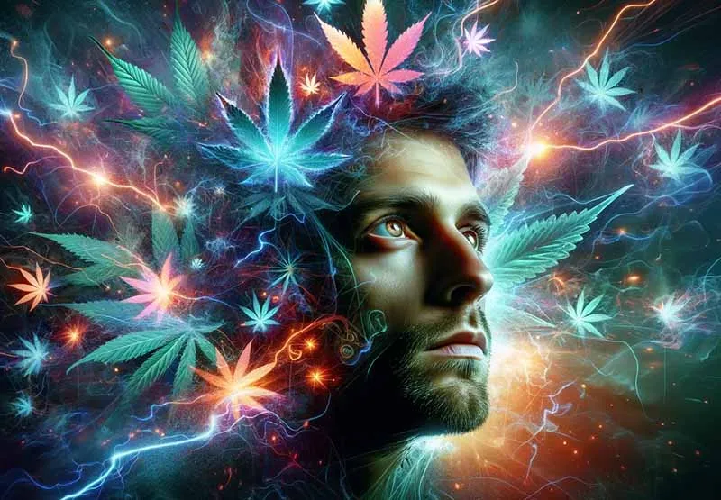 Digital artwork of a man's face surrounded by glowing cannabis leaves and streaks of electric light