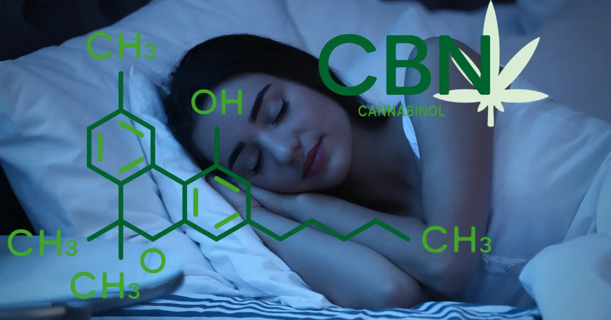 Woman sleeping peacefully in bed, overlaid with the CBN (cannabinol) molecular structure and a CBN cannabis leaf logo