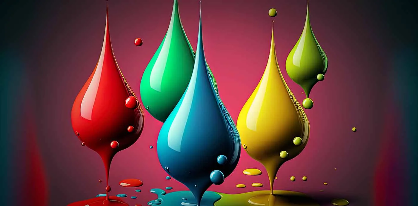 Colorful red, green, blue and yellow liquid drops merging together, illustrating how cannabis compounds work together in the entourage effect