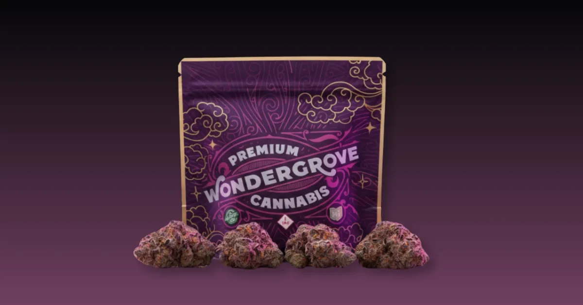 Wondergrove premium cannabis flower pouch with purple-hued buds in front of it