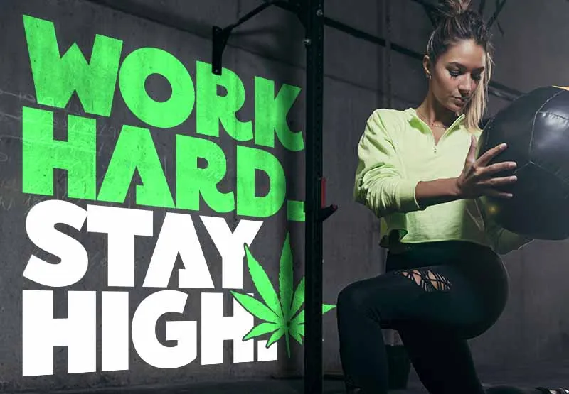 Woman working out with a medicine ball beside the words Work Hard Stay High