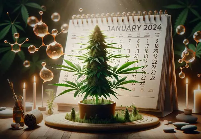 Potted cannabis plant in front of a January 2024 calendar surrounded by candles and cannabinoid molecule graphics